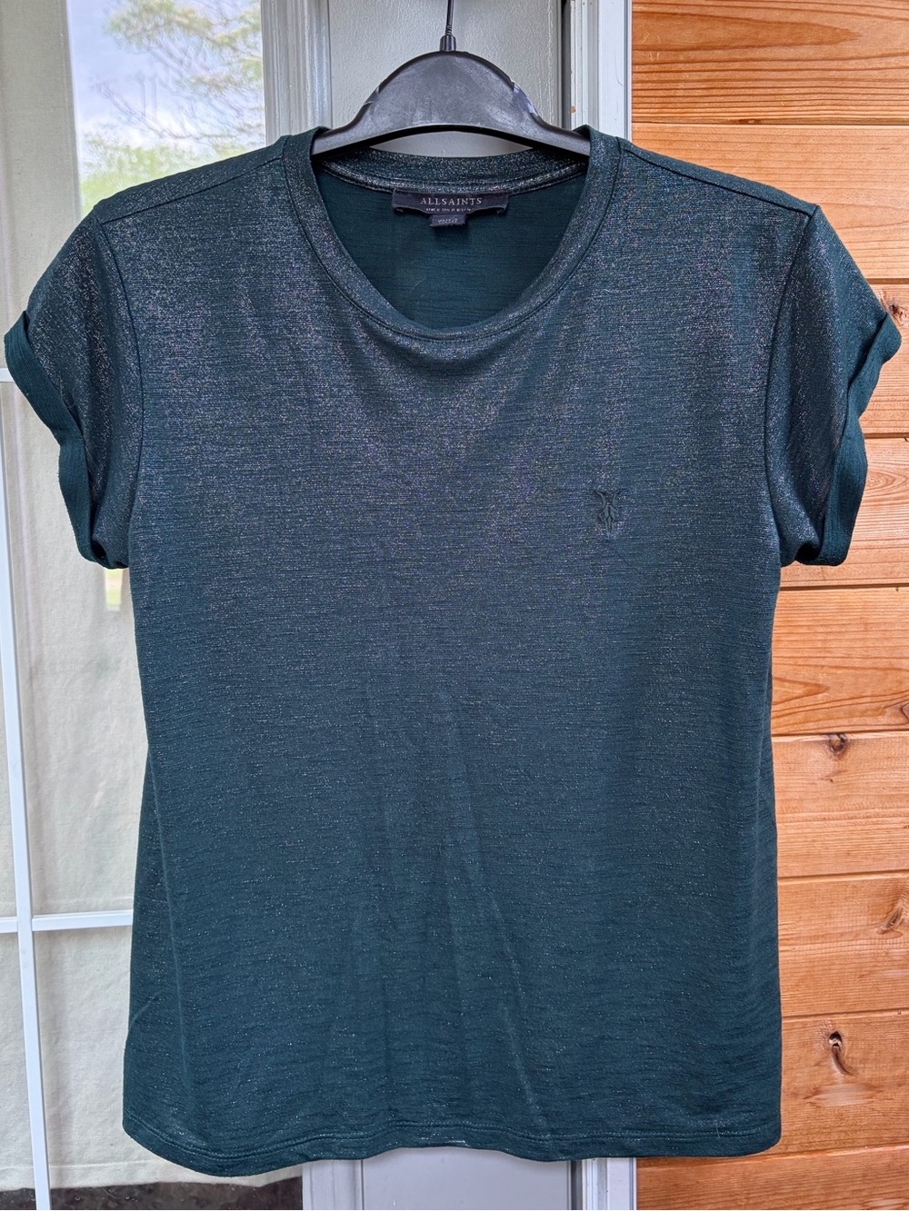 All Saints Women's Short Sleeve Crewneck Tee in Metallic Deep Teal size 2